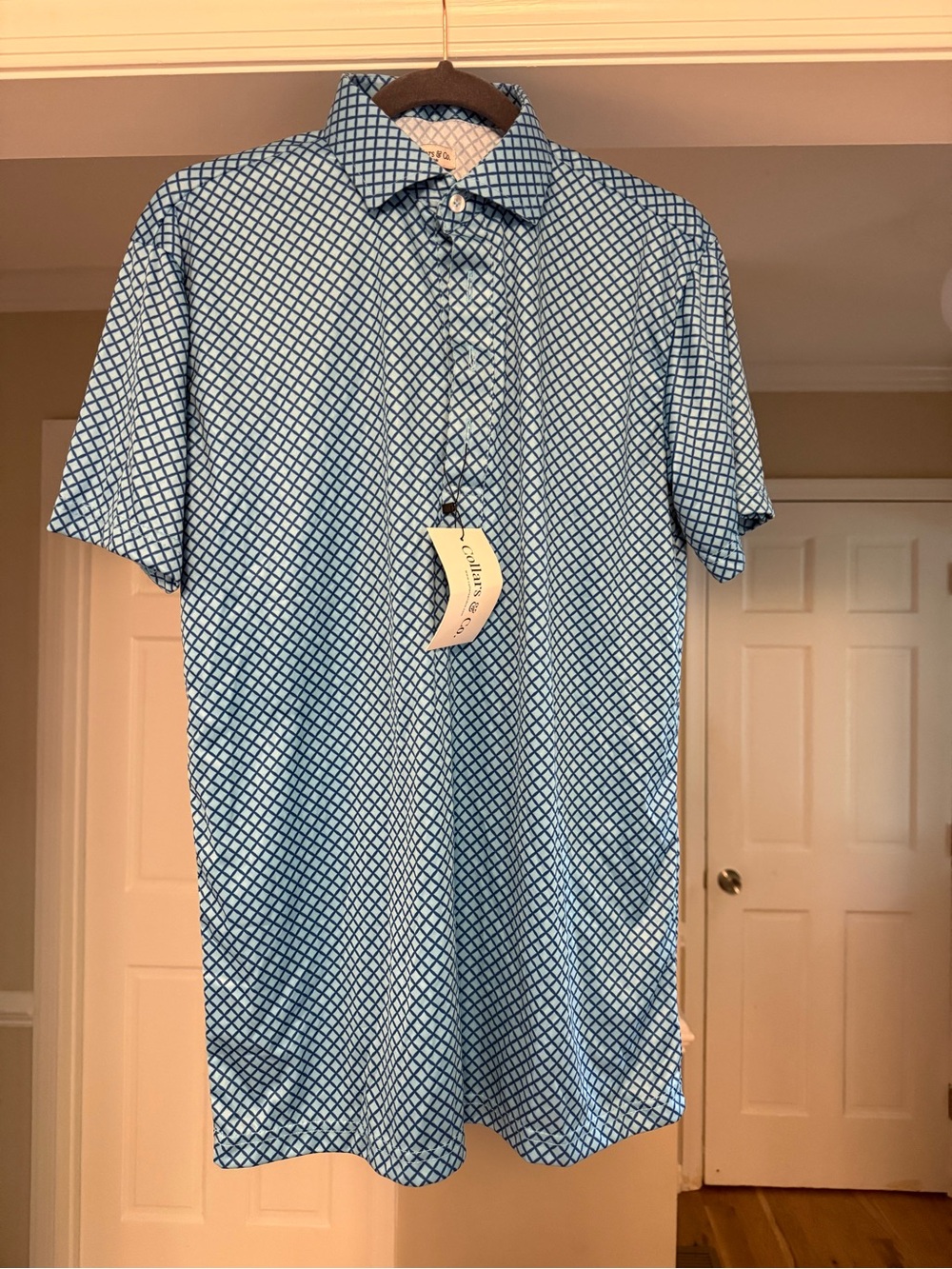 Collars & Co. Medium Light Blue Grid polo Shirt Sz M NWT